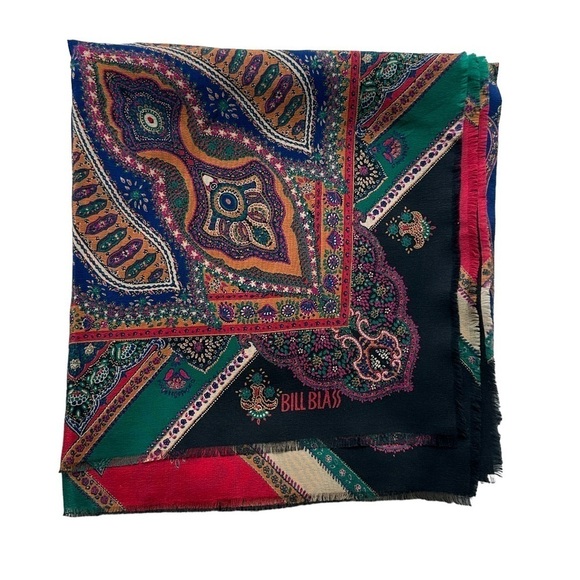 Vintage Bill Blass Paisley Print Eyelash Fringe Silk Scarf - Picture 2 of 4